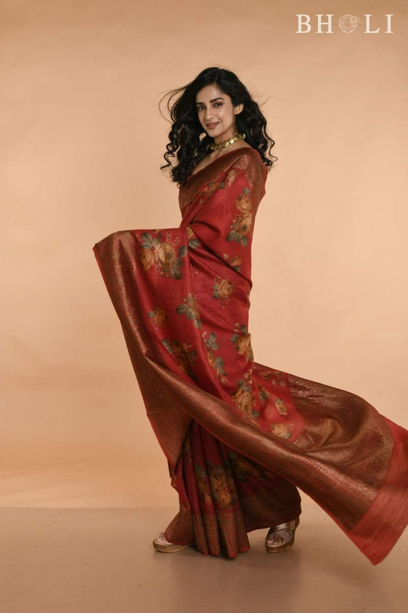 Maroon Handwoven floral printed Tussar silk Banarasi