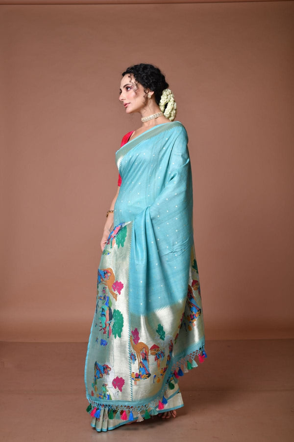 Paithani style pichwai theme Handwoven Blue Tussar Georgette Banarasi Saree
