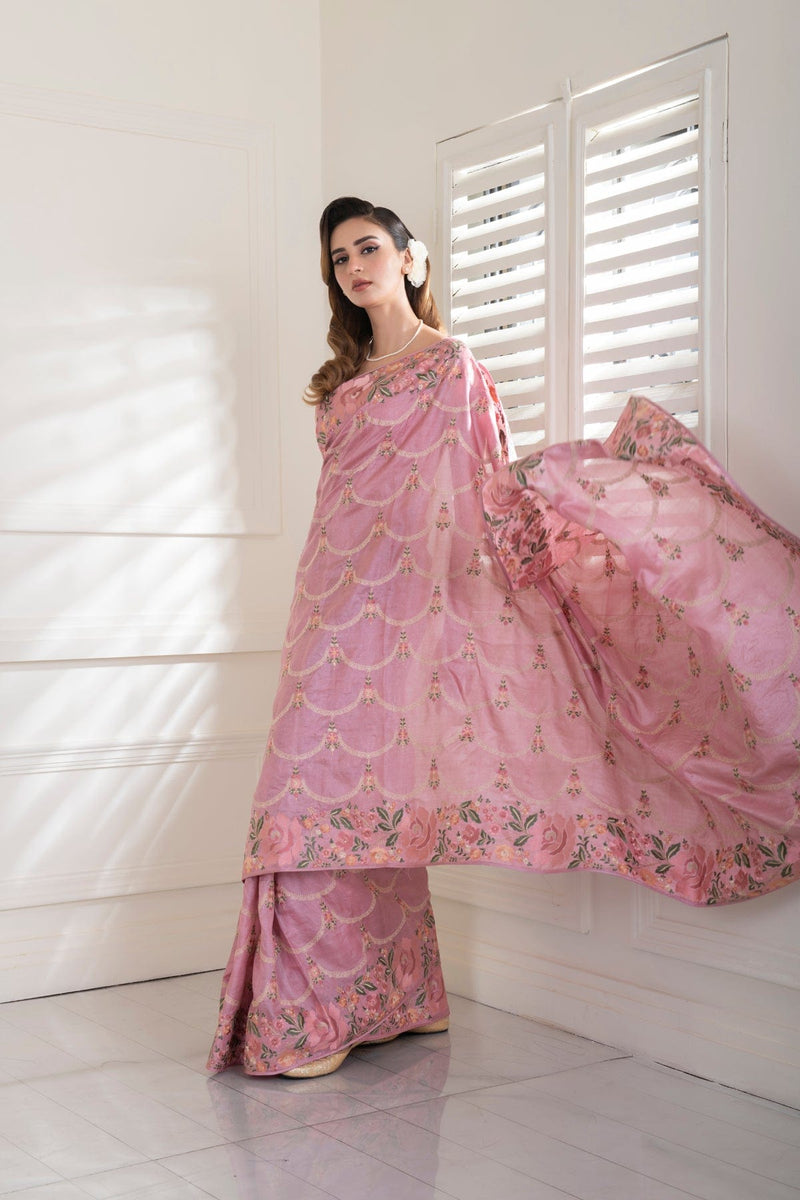 Pink Pure Tussar Silk all over Fin style embroidered Saree