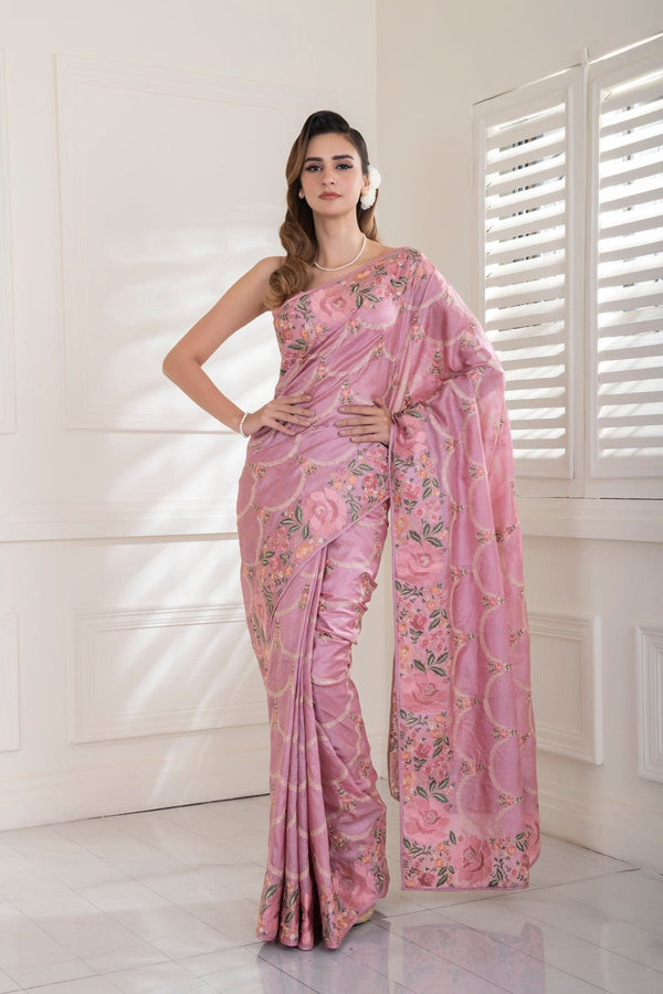 Pink Pure Tussar Silk all over Fin style embroidered Saree