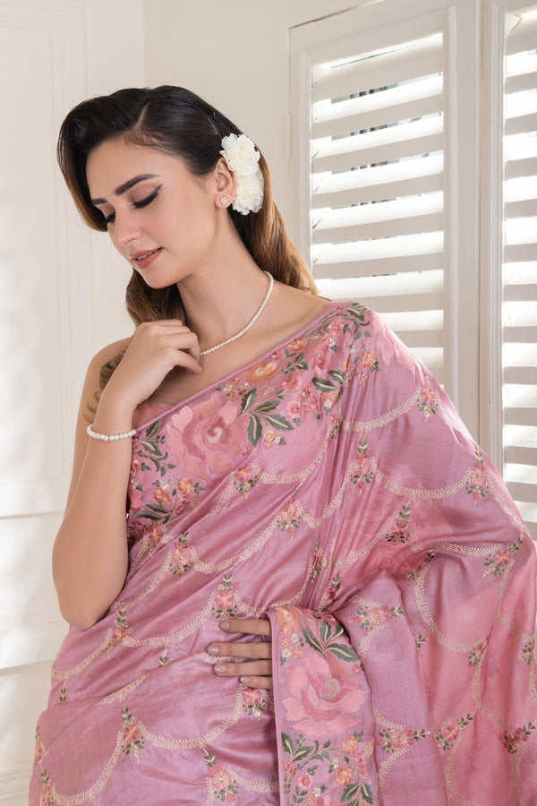 Pink Pure Tussar Silk all over Fin style embroidered Saree