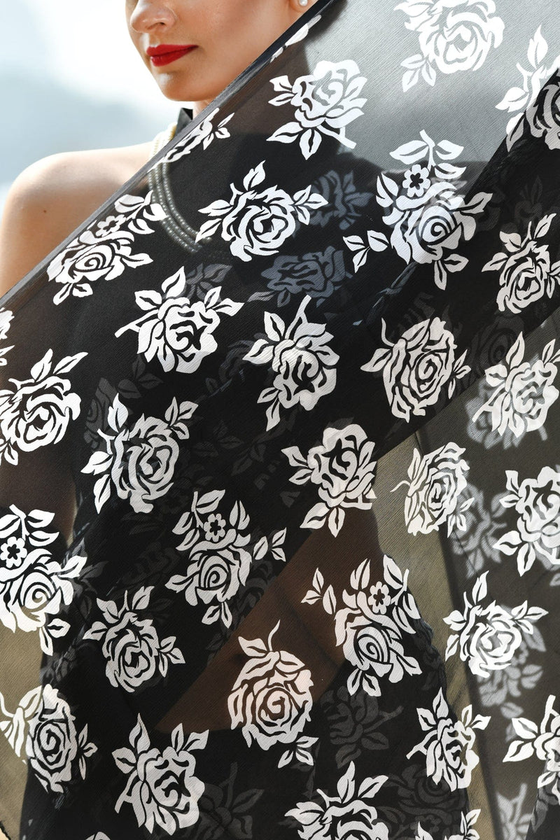 Purest Chiffon Modern Rose Digitally Printed Black and white saree