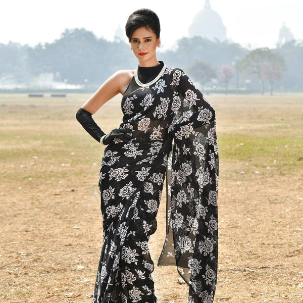 Polka Dot Pure Chiffon White, Black & Red Saree, INDIAN DRESS #19207 | Buy Chiffon  Saree Online