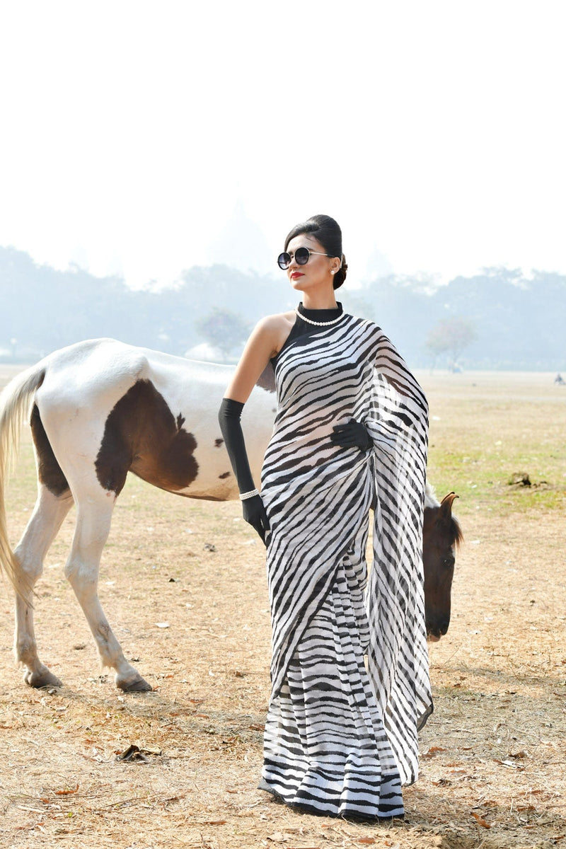 Purest Chiffon Modern striped Digitally Printed Black and white saree