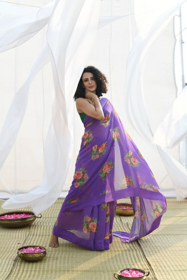 Purple Pure Georgette Rose Floral Printed silk saree with Satin border