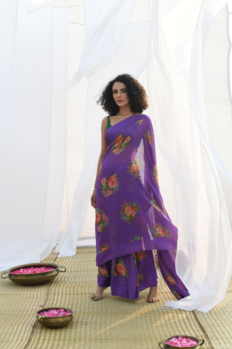 Purple Pure Georgette Rose Floral Printed silk saree with Satin border