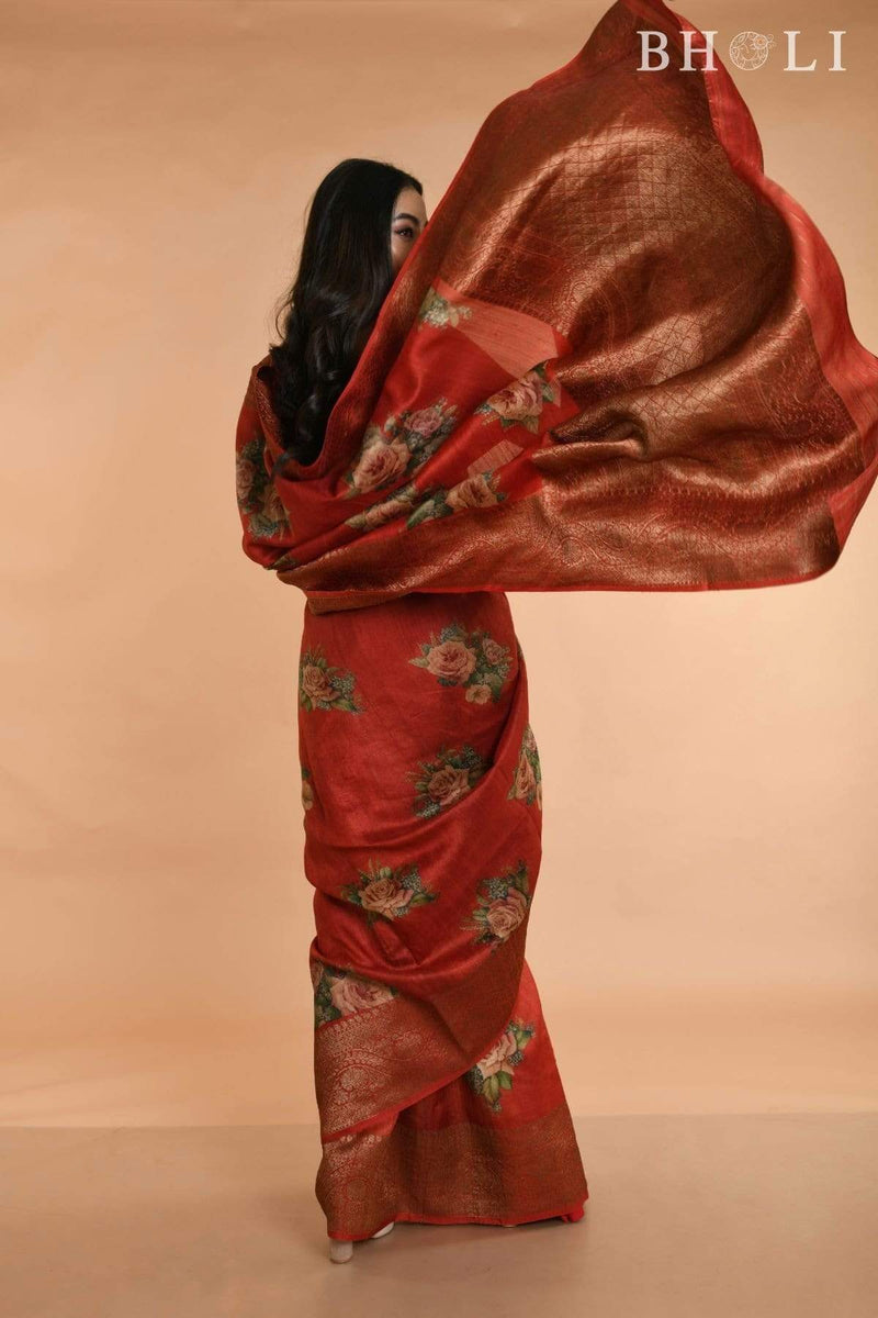 Red Handwoven floral Printed Tussar silk Banarasi