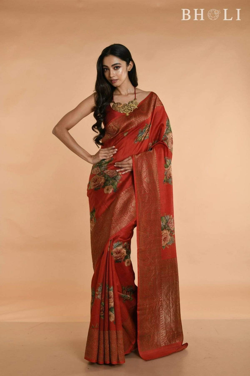 Red Handwoven floral Printed Tussar silk Banarasi