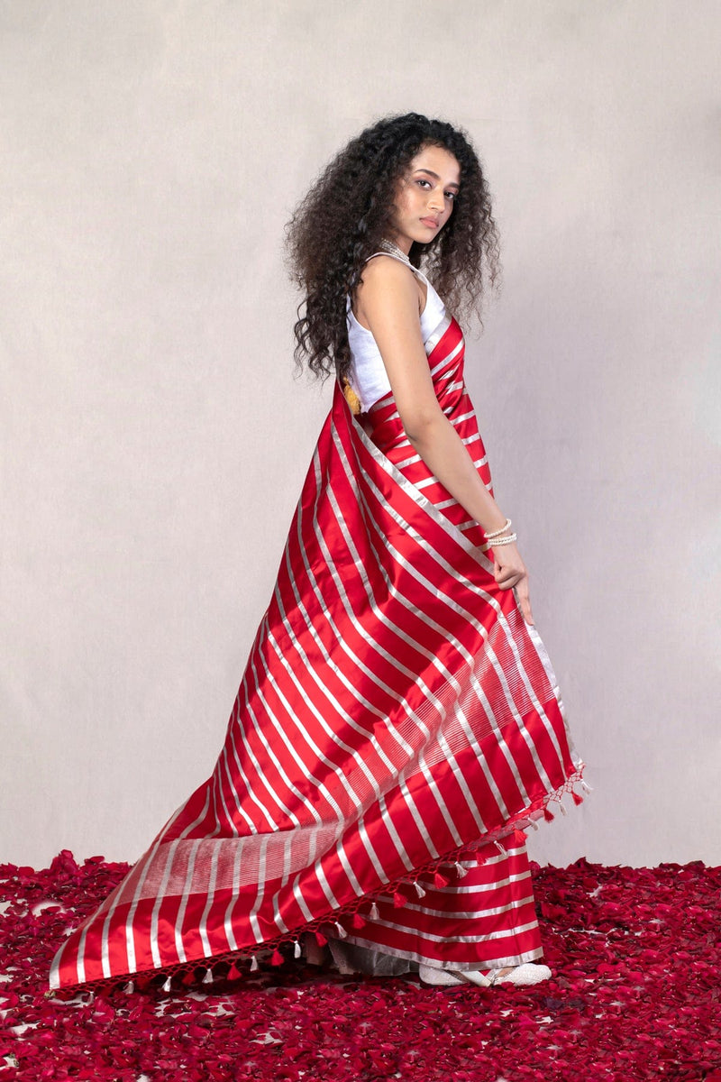 Red Handwoven Striped Pure Katan Silk Mashru Banarasi Saree