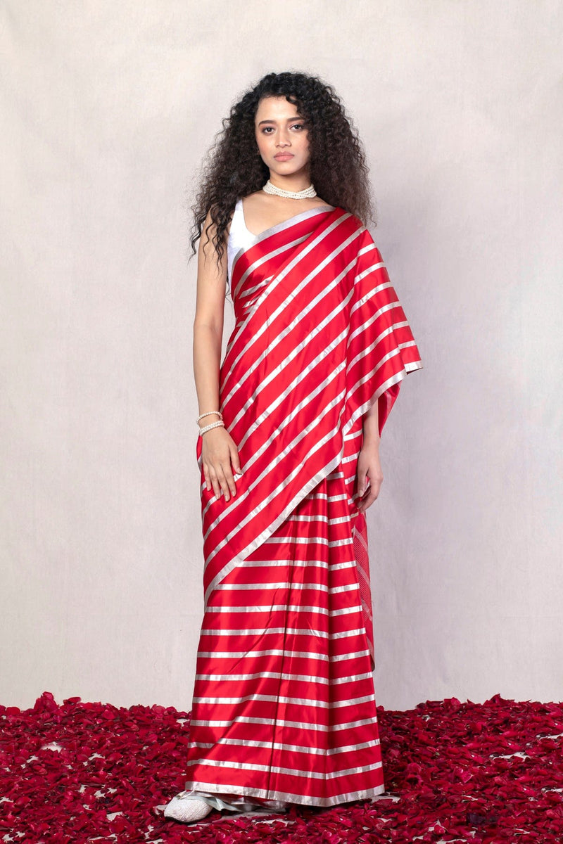 Red Handwoven Striped Pure Katan Silk Mashru Banarasi Saree