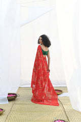 Red Pure Georgette Floral Printed silk saree with Satin border