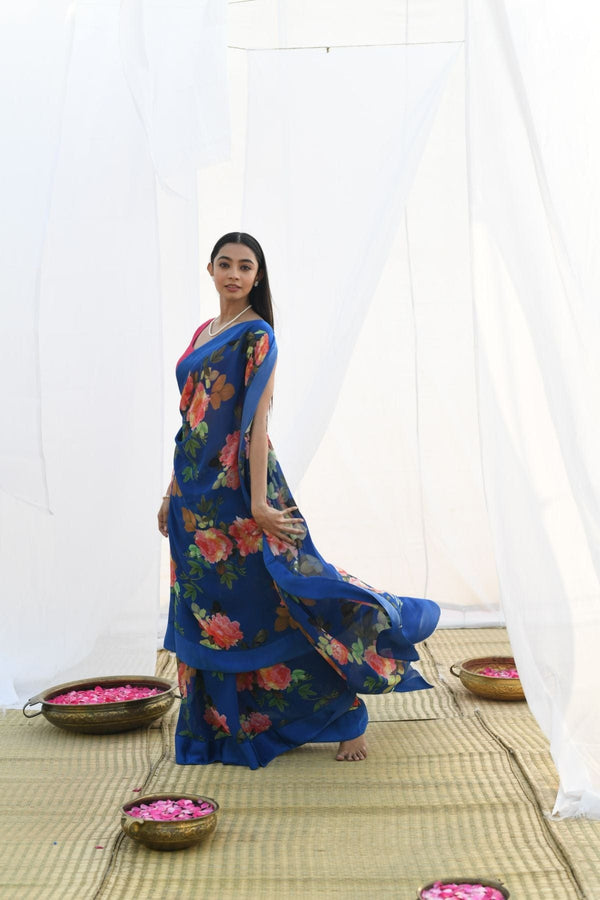Royal Blue Pure Georgette Floral Printed silk saree with Satin border
