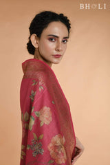 Subtle pink Handwoven floral printed Tussar silk Banarasi