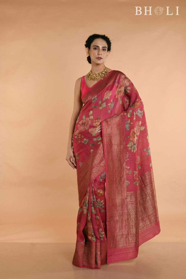 Subtle pink Handwoven floral printed Tussar silk Banarasi