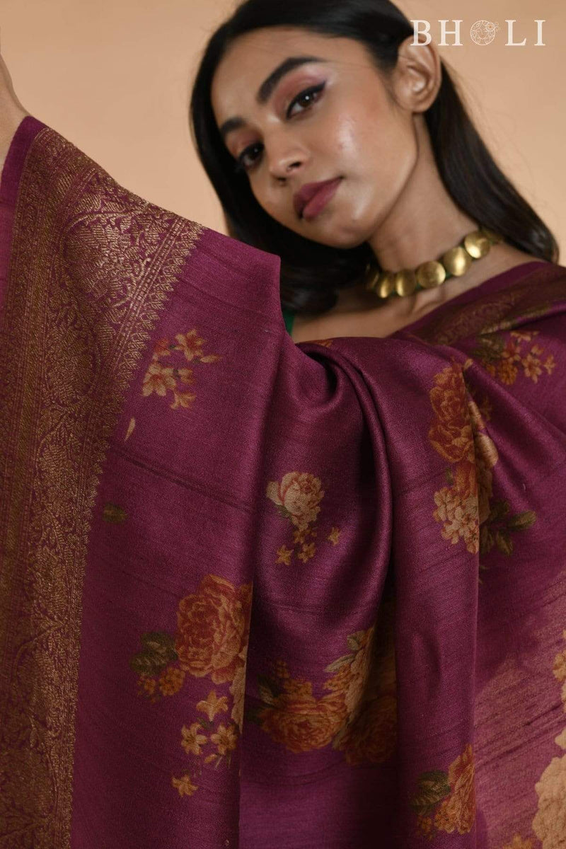 Wine Handwoven Floral Printed Tussar silk Banarasi