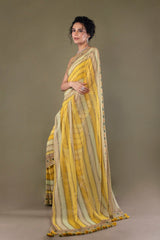 Yellow Designer Striped Georgette silk saree embellished with stones and mirrors
