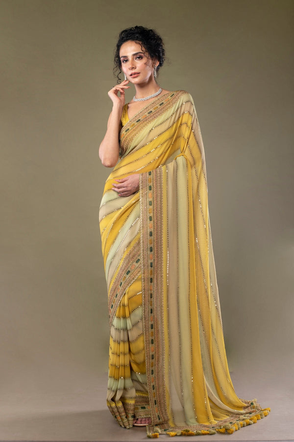 Yellow Designer Striped Georgette silk saree embellished with stones and mirrors